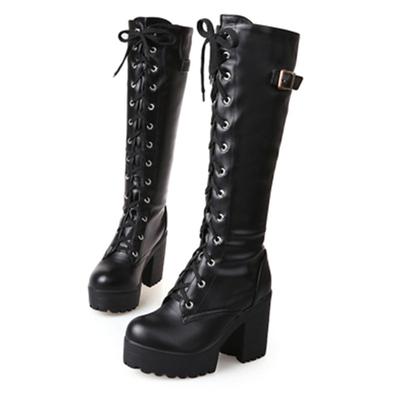 Women's Black Platform Lace-Up Knee-High Boots with Chunky Heels and Buckle Detail – Gothic or Punk Style for Fall and Winter