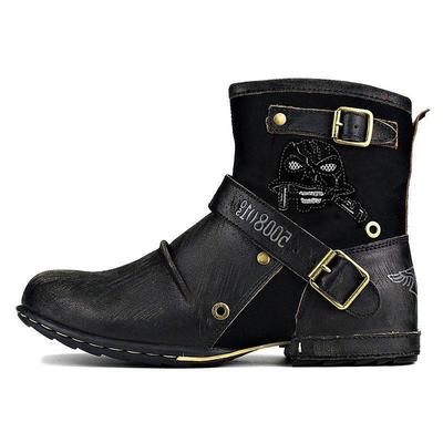 Men's Black Leather Motorcycle Boots with Buckle Straps and Embroidered Skull Design, Durable and Stylish for Biker and Casual Wear