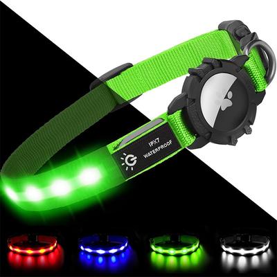 Light Up Dog Collar IPX7 Waterproof LED Flashing for Airtag Pet Collars for Dark Night Walking USB C Rechargeable Glow Nylon Collar with Air Tag Holder for Puppies Small Dogs Black