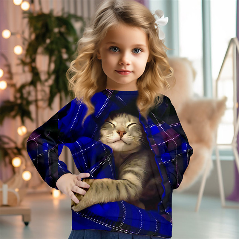 Girls' 3D Plaid Cat Christmas Sweatshirt Sweatshirt Pullover Long Sleeve 3D Print Fall Winter Fashion Streetwear Adorable Kids 3-12 Years 4-13 Years Crew Neck Outdoor Casual Daily Regular Fit