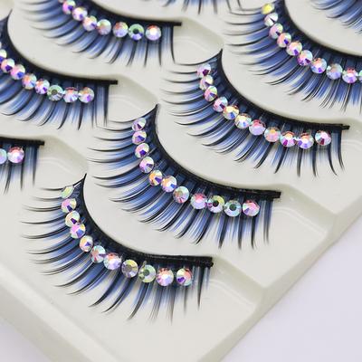 5 pairs False Eyelashes Blue With Rhinestones Thick And Exaggerated False Eyelashes Latin Dance Performance Colorful Eyelashes