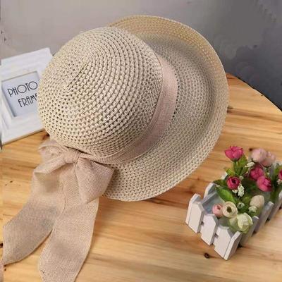 Big Brim Straw Hat, Solid Color Sun Hat Large Bow Tie Decor Beach Travel Cap Foldable UV Protection Hats
