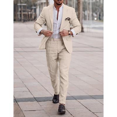 Men's Wedding Linen Linen Suits Dark Khaki Light Khaki Summer Solid Colored Tailored Fit 2 Piece Single Breasted One-button