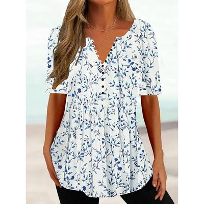 Women's T Shirt Henley Shirt Floral Tunic Basic Short Sleeve Round Neck Regular Tops Holiday Weekend Buttons Print White Yellow Light Green Blue Green