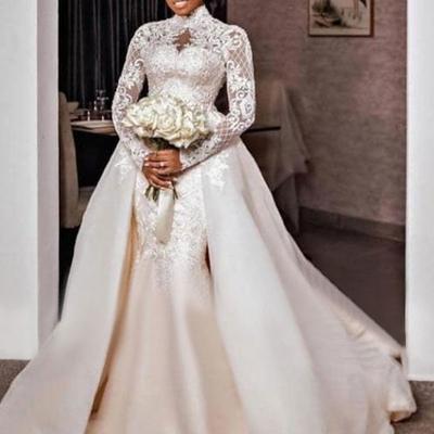 Formal Wedding Dresses Mermaid High Neck Long Sleeve Court Train Satin Bridal Gowns With Appliques 2025
