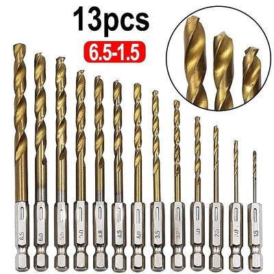 13pcs/set HSS Titanium Coated Drill Bit Set 1/4 Hex Shank 1/16-1/4 Electric Drill Twist Drill Bit Twist Drill Bit Hex Shank 1.5-6.5mm Hex Handle Twist Drill For Wood, Plastic, Aluminum Alloy, Metal