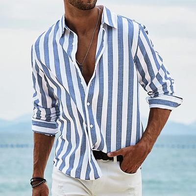 Men's Shirt Linen Shirt Summer Shirt Beach Wear Button Up Shirt Light Pink Black Pink Sky Blue Dark Grey Long Sleeve Striped Collar Vacation Curise Clothing Apparel Cotton And Linen Fashion Leisure