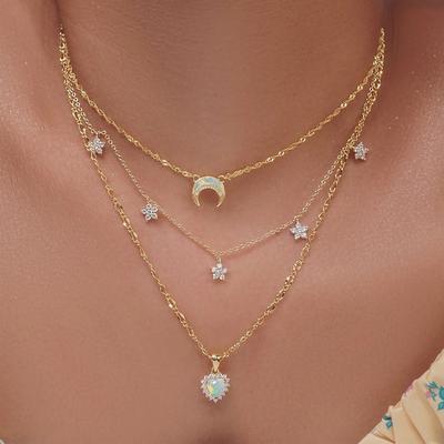 1PC Chain Necklace Layered Necklace For Women's Clear Wedding Party Evening Gift Alloy Moon Heart Star