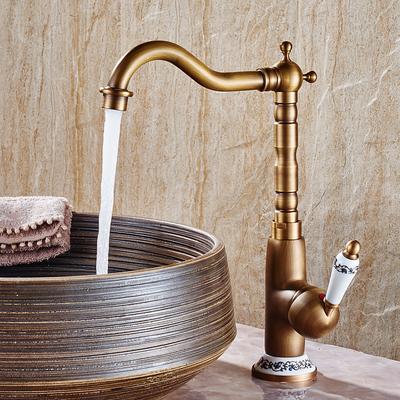 BathroomSink Faucet,Antique Brass Single Handle OneHole Bath Taps,Retro Style Ceramic Handle Rotatable Faucet with Hot and Cold Switch