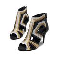 Women's Salsa Shoes Dance Boots Tango Shoes Performance Training Ankle Boots Heel Crystal / Rhinestone Sided Hollow Out Slim High Heel Peep Toe Zipper Lace-up Adults' Black / Gold
