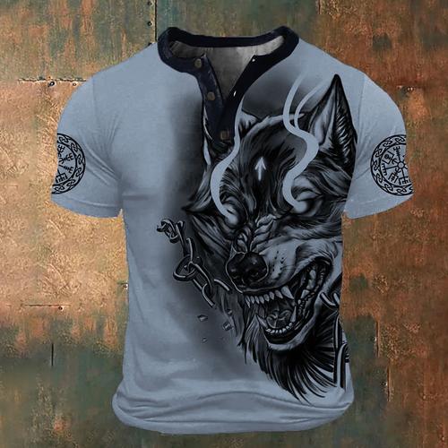 Men's Graphic Wolf T shirt Henley Shirt Short Sleeve 3D Print Fashion Retro Vintage Classic Sports Outdoor Holiday Going out Spring Summer White Red Brown Dark Blue Henley Henley T-Shirt