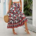 Women's Skirt A Line Swing Bohemia Maxi High Waist Skirts Ruffle Floral Print Floral Holiday Vacation Summer Rayon Casual Boho Red Orange Dark Blue Beige