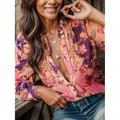 Women's Floral Print Chiffon Shirt Long Sleeve Notched Neckline Pink Buttoned Blouse