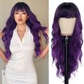 Purple Wig With Bangs Black and Purple Wig Long Curly Wavy Wig with Dark Roots Heat Resistant Synthetic Ombre Wigs for Women Daily Party Use