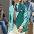 Men's Linen Blazer Derby Jacket Beach Wedding Casual Regular Tailored Fit Solid Colored Single Breasted Two-buttons Green 2024