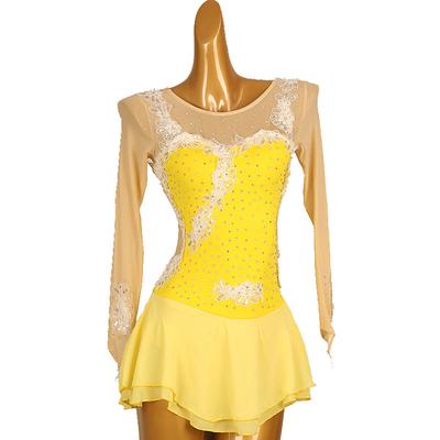 Figure Skating Dress Women's Girls' Ice Skating Dress Lake Blue Yellow Pink Patchwork Open Back Mesh High Elasticity Training Competition Skating Wear Classic Long Sleeve Ice Skating Figure Skating