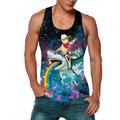 Cat Riding Shark With Rainbow Tank Top Mens 3D Shirt For Party Black Summer Cotton Men'S Vest Undershirt Crew Neck 3D Print Daily Holiday Sleeveless Clothing Apparel Casual