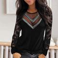 Women's Lace Shirt Shirt Blouse Plain Sparkly Daily Weekend Black Red Navy Blue Lace Patchwork Rhinestone Long Sleeve Streetwear Casual Round Neck Regular Fit Spring Fall