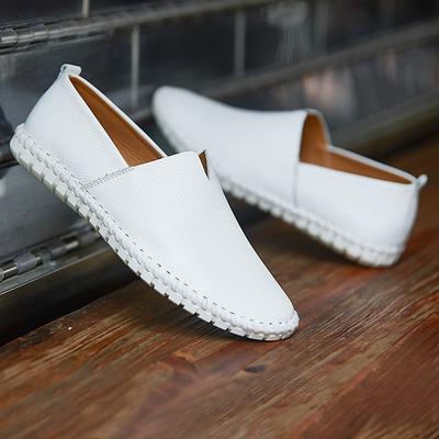 Men's White Leather Slip-On Loafers with Detailed Stitching, Comfortable Non-Slip Sole, and Breathable Design Casual Driving Shoes