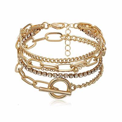 5pcs handmade thick gold color chunky adjustable lasso rhinestone beads bracelet set multi layered round rectangle chain toggle crystal charm bangles for women girls party gifts jewelry