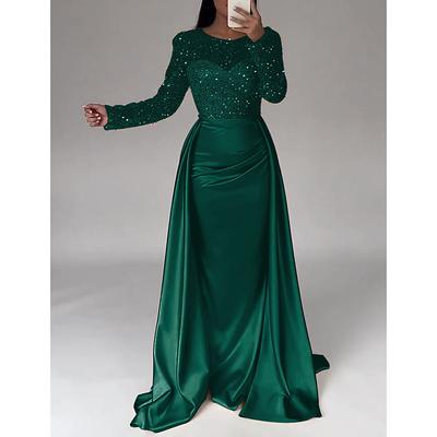 TS Mermaid Sequin Evening Gown Ruched Champagne Satin Dress Long Sleeves Masquerade Floor Length Illusion Neck with Pearls Overskirt dress 2025