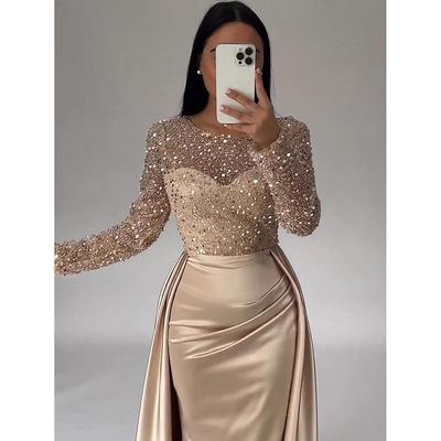 Mermaid Sequin Evening Gown Ruched Satin Dress Long Sleeves Floor Length Sparkle Illusion Neck Prom Wedding Guest Dress with Pearls Overskirt 2024