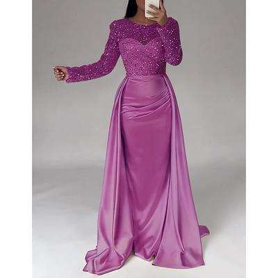 Mermaid Sequin Evening Gown Ruched Champagne Satin Dress Long Sleeves Masquerade Floor Length Illusion Neck with Pearls Overskirt dress 2025
