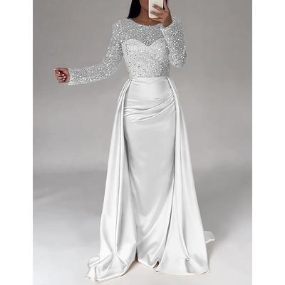 Mermaid Sequin Evening Gown Ruched Champagne Satin Dress Long Sleeves Masquerade Floor Length Illusion Neck with Pearls Overskirt dress 2025