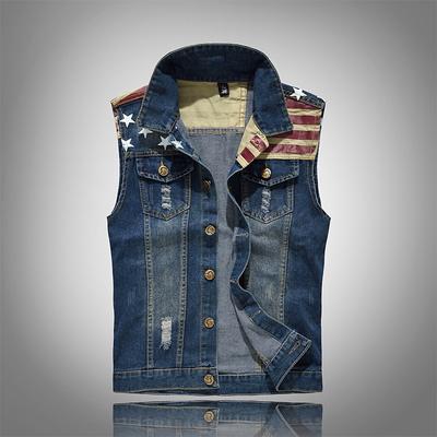 Men's Gilet Denim Vest Daily Wear Vacation Going out Fashion Basic Spring Fall Button Pocket Cotton Blend Comfortable National Flag Single Breasted Lapel Regular Fit Blue Vest