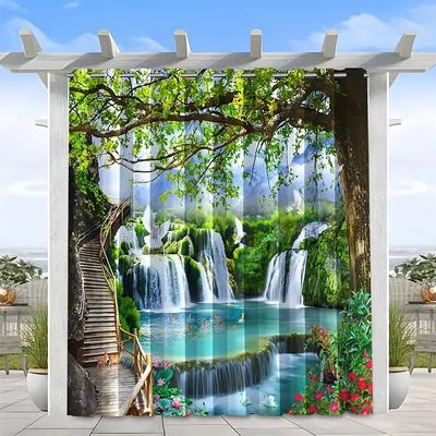 Waterproof Outdoor Curtain Privacy, Sliding Patio Curtain Drapes, Pergola Curtains Grommet 3D Forest Landscape For Gazebo, Balcony, Porch, Party, 1 Panel