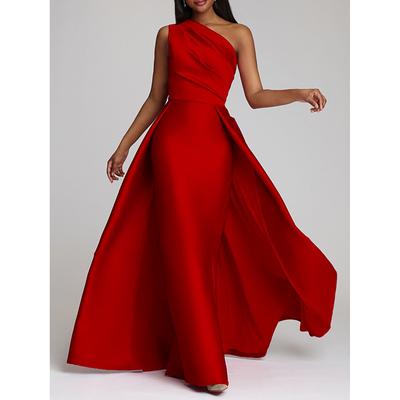 Beach Wedding Sheath Evening Gown Elegant Dress Wedding Guest Cocktail Party Floor Length Sleeveless One Shoulder Satin with Overskirt Pure Color 2025