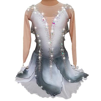 Figure Skating Dress Women's Girls' Ice Skating Dress Outfits Grey Mesh Spandex High Elasticity Competition Skating Wear Handmade Crystal / Rhinestone Long Sleeve Ice Skating Figure Skating