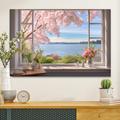 Landscape Wall Art Canvas False Window Spring Cherry Blossoms Prints and Posters Pictures Decorative Fabric Painting For Living Room Pictures No Frame