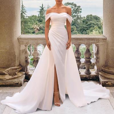 TS Hall Casual Wedding Dresses Sheath Off Shoulder Cap Sleeve Court Train Satin Bridal Gowns With Split Front Side-Draped 2025