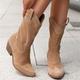 Women's Tan Faux Suede Western Cowboy Boots, Vintage Style Mid-Calf Boots with Side Zipper for Rodeo and Casual Wear
