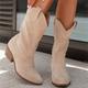 Women's Tan Faux Suede Western Cowboy Boots, Vintage Style Mid-Calf Boots with Side Zipper for Rodeo and Casual Wear