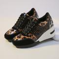 Women's Sneakers Plus Size Height Increasing Shoes Platform Sneakers Outdoor Daily Leopard Color Block Sequin Wedge Heel Round Toe Sporty Casual Tennis Shoes Canvas Lace-up Leopard Black Gold