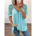 Women's Blouse Shirt Plain Zipper V Neck Basic Lace Tops Light Pink Blue Yellow