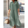 Women's Shirt Dress Casual Dress Cotton Summer Dress Maxi Dress Linen Ruffle Button Basic Daily Shirt Collar Long Sleeve Summer Spring Fall Navy Blue Green Plain