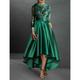A-Line Cocktail Dress Red Green Dresses Elegant Dress Red Green Dress Formal Asymmetrical 3/4 Length Sleeve Jewel Neck Fall Wedding Guest Satin with Pleats Appliques 2024