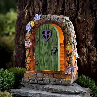 Solar Fairy Door Garden Miniatures,Fairy Door with Steps, Resin Fairy Garden Accessories, Tree Garden Home Decor, Waterproof Garden Glow Ornaments