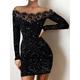 Women's Black Dress Party Dress Bodycon Lace Patchwork Off Shoulder Long Sleeve Mini Dress Vacation Black Spring Winter