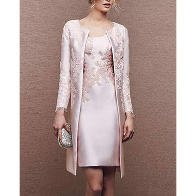 Two Piece Sheath / Column Mother of the Bride Dress Wedding Guest Church Elegant Plus Size Scoop Neck Knee Length Satin Lace Sleeveless Wrap Included Jacket Dresses with Appliques 2024