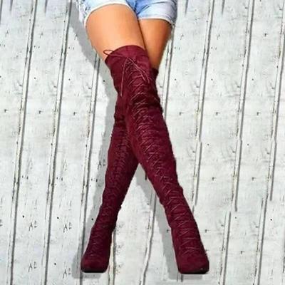 Women's Lace-Up Over-the-Knee Boots - Black Burgundy Thigh-High Stiletto Heels for Winter Fashion and Night Out