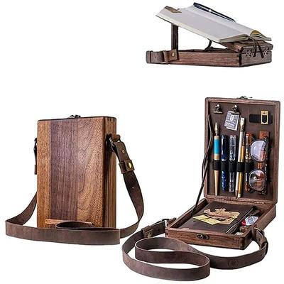 Wooden Handmade Portable Crossbody Postman Bag, Multifunctional Artist Tool Brush Storage Box (Wood Color) Gift