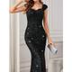 Women's Black Sequin Dress Rose Gold Dress Prom Dress Party Dress Sparkly Dress Bodycon Long Dress Maxi Dress Black Champagne Wine Short Sleeve Fall Winter Square Neck Fashion Evening