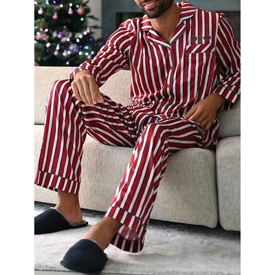 Men's Loungewear Sleepwear Pajama Set Pajama Top and Pant 2 Pieces Stripe Stylish Casual Comfort Home Daily Bed Cotton Blend Comfort Soft Lapel Long Sleeve Shirt Pant Drawstring Elastic Waist Spring