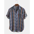 Men's Multicolored Striped Print Linen Short Sleeve Shirt With Pocket