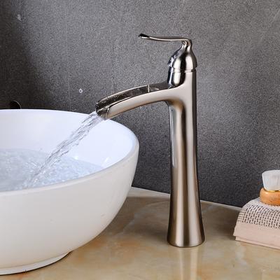 Waterfall Bathroom Faucet, Rustic Nickel Single Handle One Hole Brass Waterfall Bathroom Sink Faucet with Hot and Cold Water