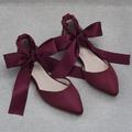 Wedding Shoes for Bride Bridesmaid Women Closed Toe Pointed Toe Ivory Blue Burgundy Pink Satin Flats with Ribbon Tie Bow Bowknot Flat Heel Wedding Party Valentine's Day Elegant Comfort